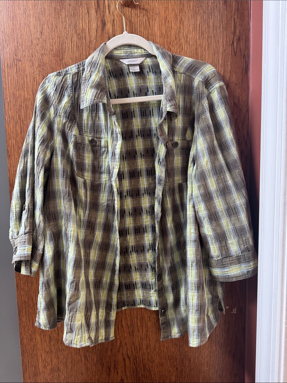 CJ Banks Green and Gray Plaid Button Front Shirt